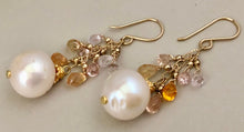 Load image into Gallery viewer, Freshwater Pearl and Sapphire Drop Earrings in 14K Gold Fill
