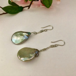 Bronze Coin Pearl Drop Earrings in Sterling Silver