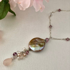 Bronze Baroque Coin Pearl Drop Necklace in Sterling Silver