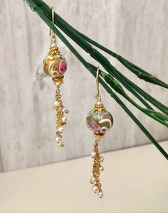 Murano White and Pink Wedding Cake Dangle Earrings In 14K Gold Fill