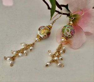 Murano White and Pink Wedding Cake Dangle Earrings In 14K Gold Fill