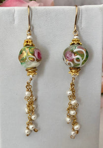 Murano White and Pink Wedding Cake Dangle Earrings In 14K Gold Fill