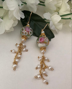 Murano White and Pink Wedding Cake Dangle Earrings In 14K Gold Fill