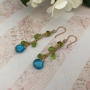 Swiss Blue Topaz and Peridot Earrings in 14K Gold Fill