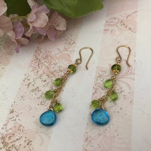 Swiss Blue Topaz and Peridot Earrings in 14K Gold Fill