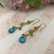 Load image into Gallery viewer, Swiss Blue Topaz and Peridot Earrings in 14K Gold Fill
