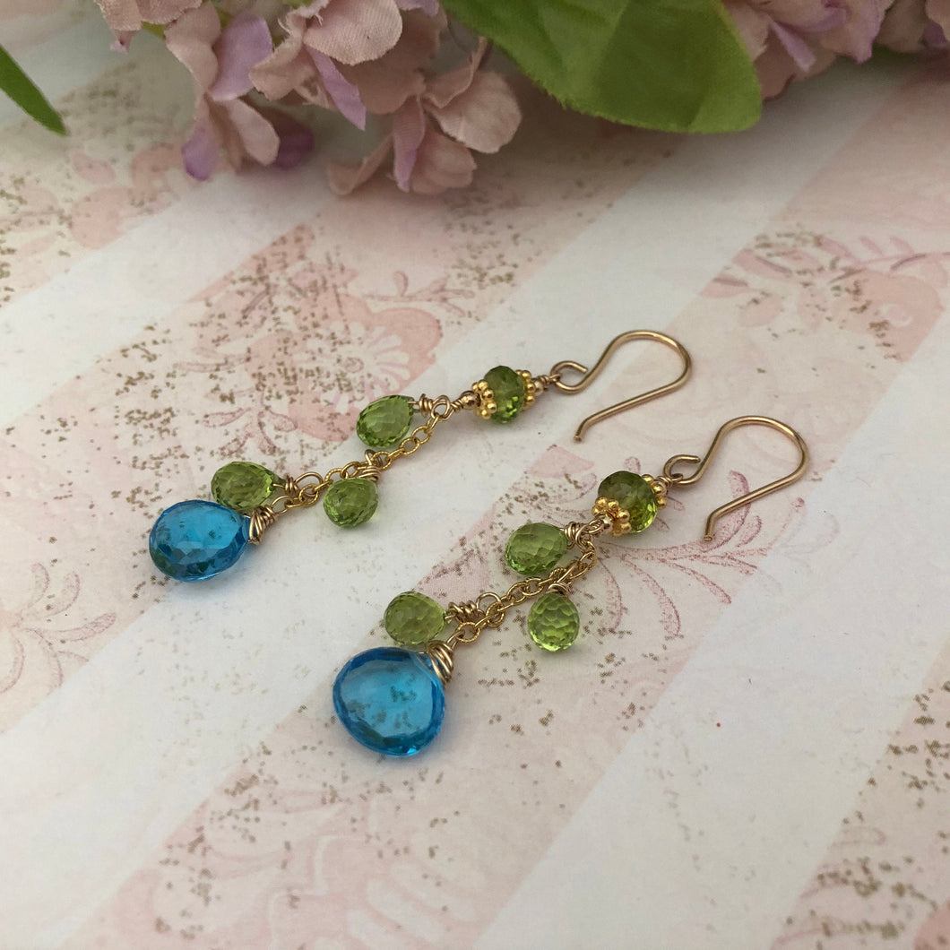 Swiss Blue Topaz and Peridot Earrings in 14K Gold Fill