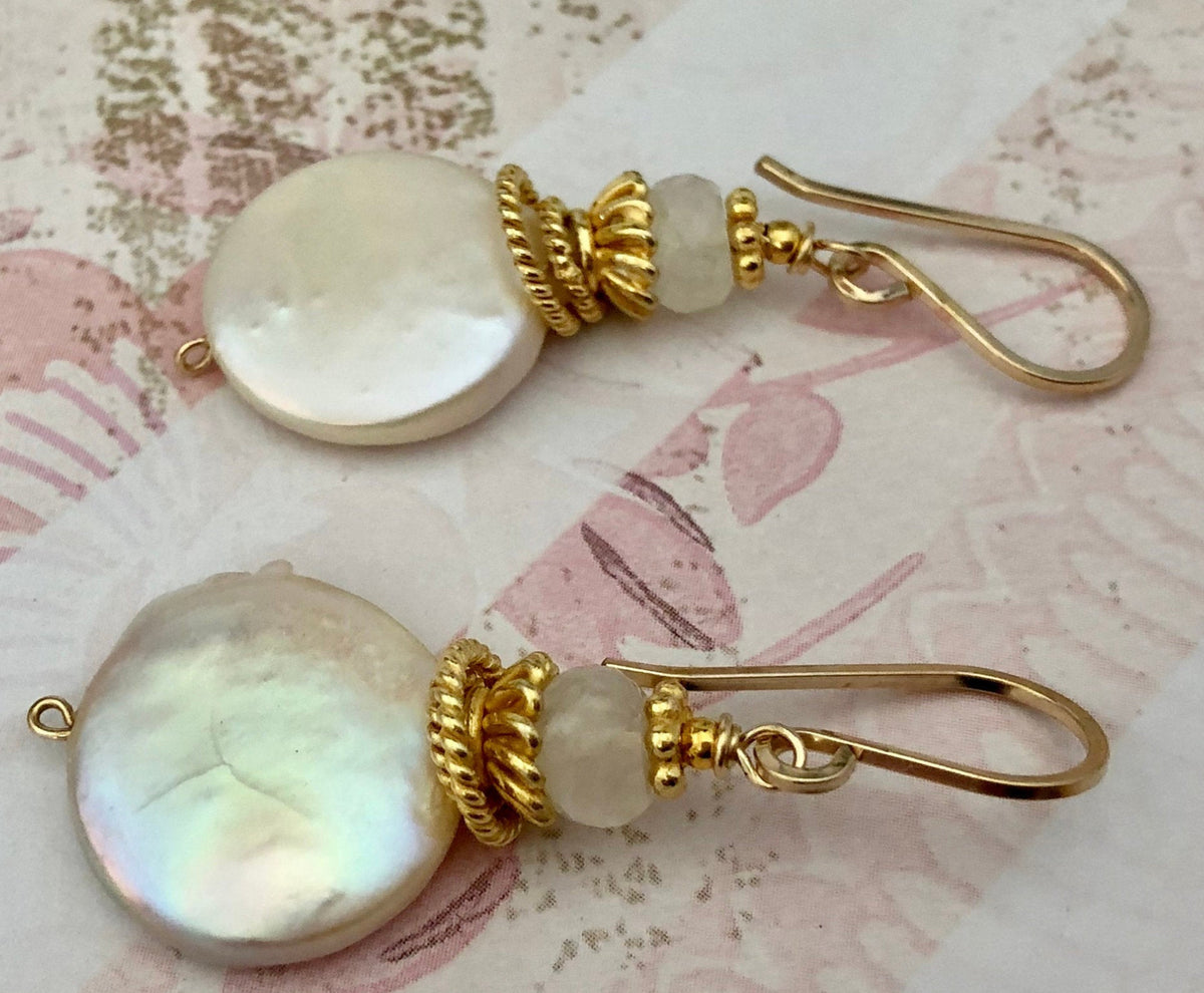 Large White Coin Pearl and Moonstone Earrings in 14K Gold Fill