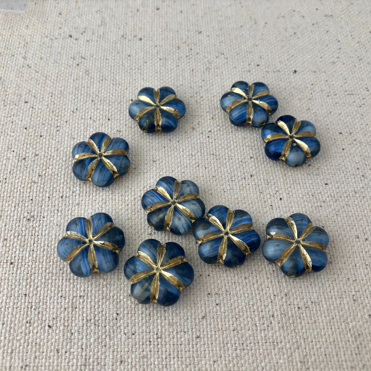 Blue Puffed Flower Czech Glass Beads