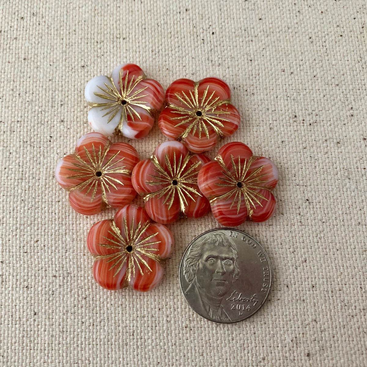 Tangerine Czech Puffed Glass Flower Beads