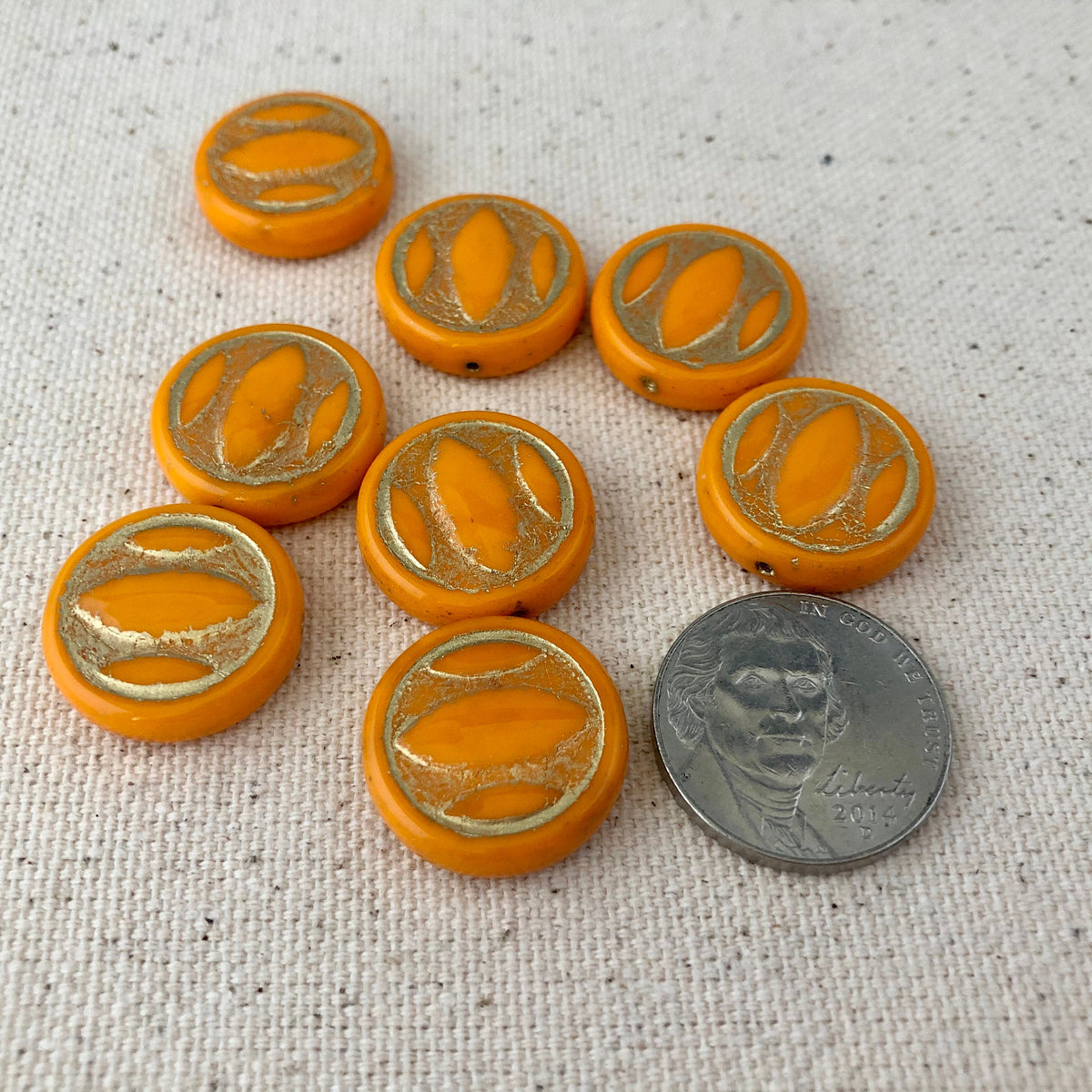 Orange and Gold Coin Beads, Czech 18MM