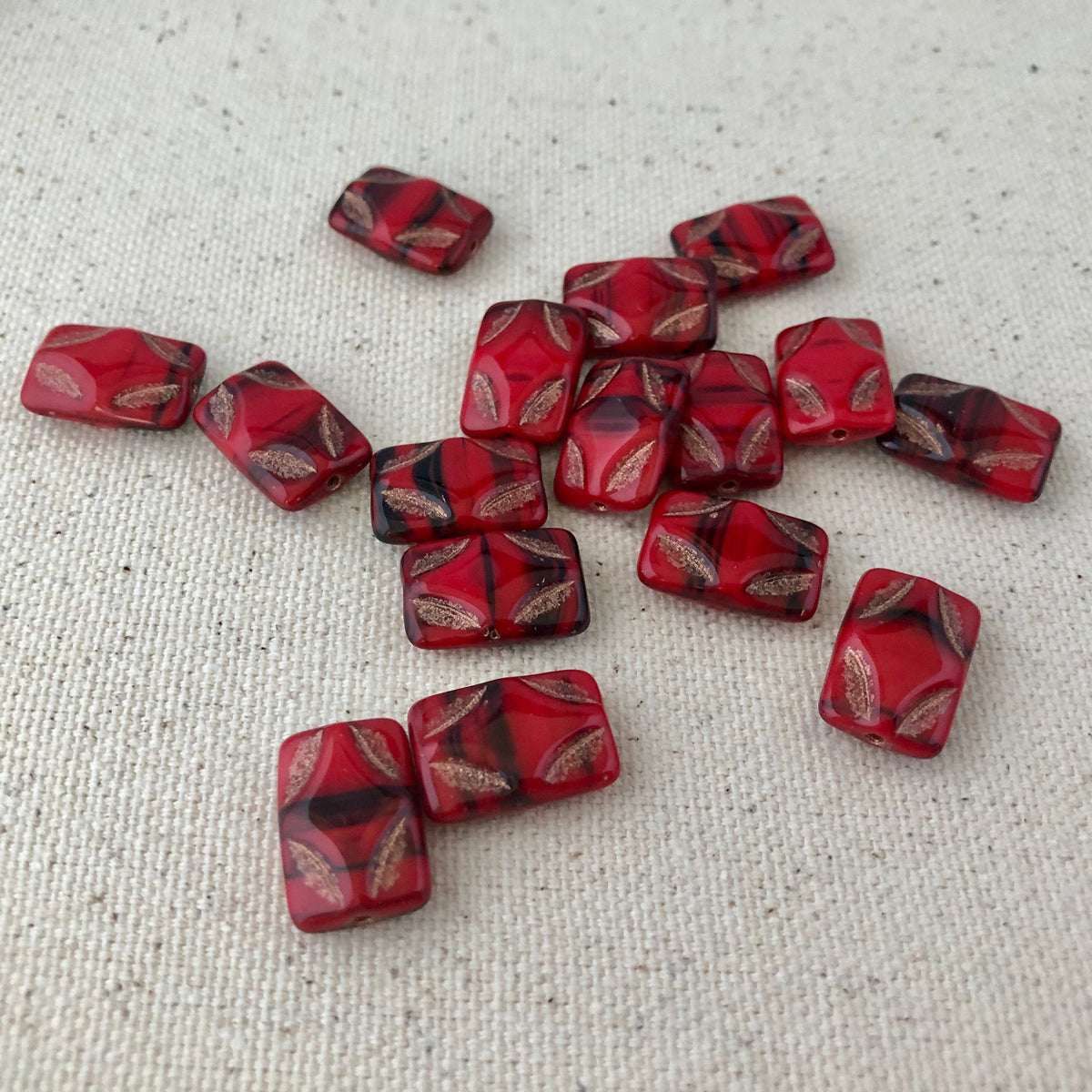 Red and Black Picasso Rectangle Glass Beads, 15MM