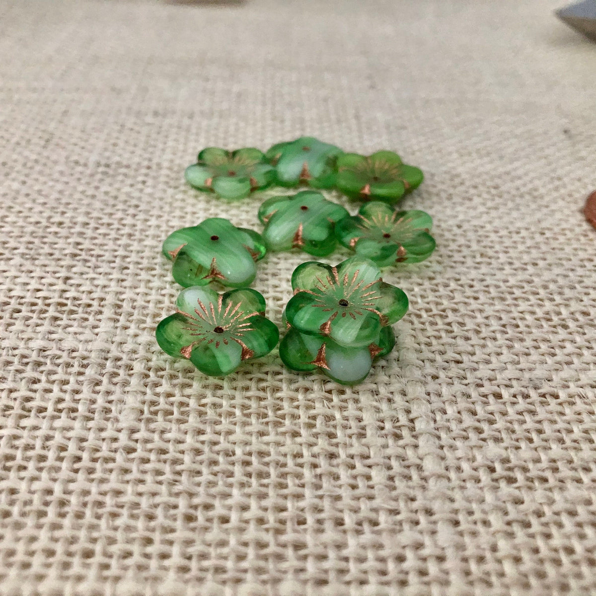 Green Puffed Hibiscus Flower Beads, Czech 16MM