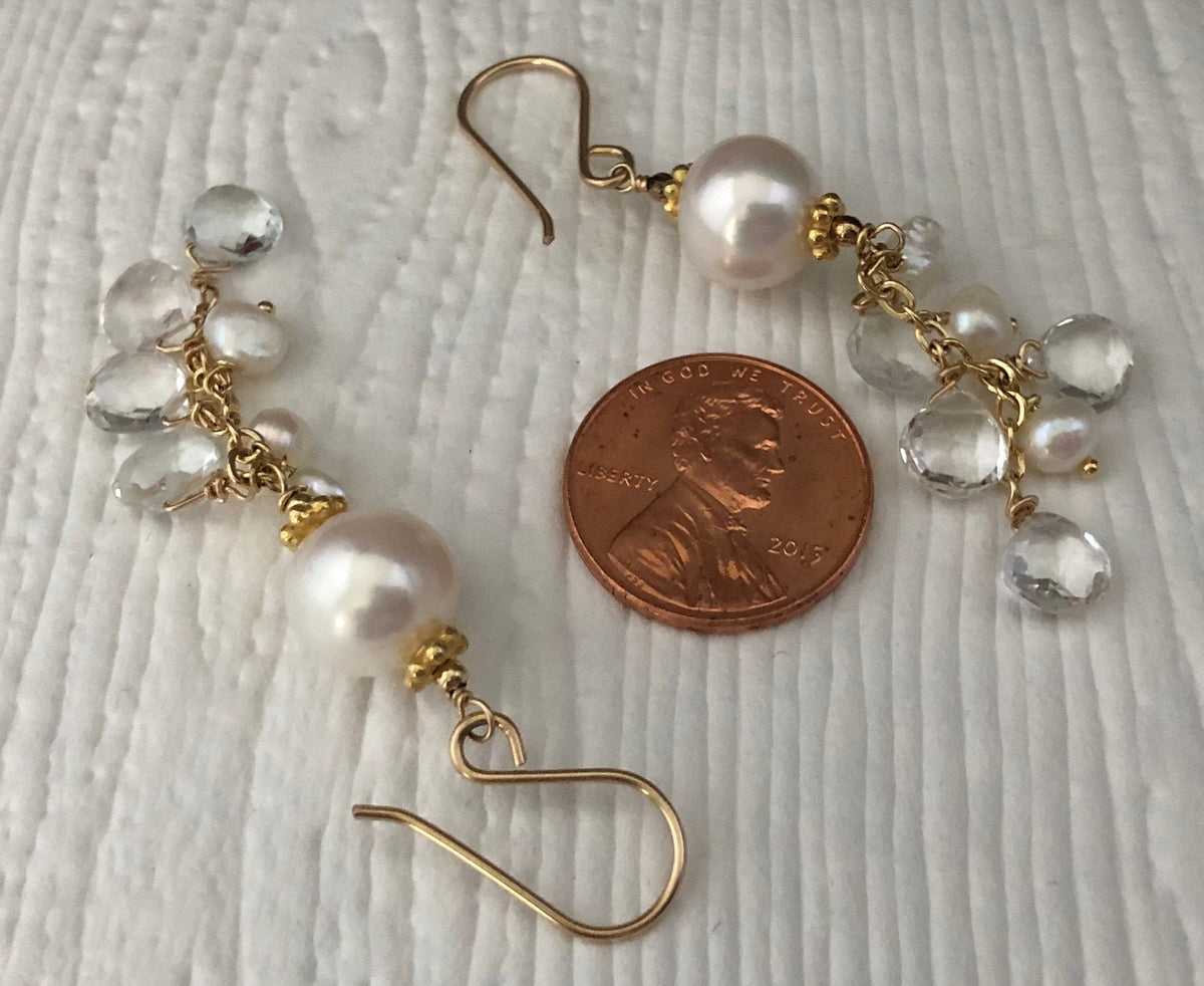 White Freshwater Pearl and White Topaz Earrings in 14K Gold Fill