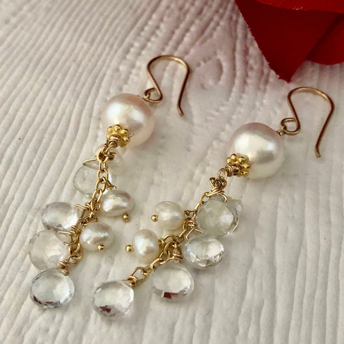 White Freshwater Pearl and White Topaz Earrings in 14K Gold Fill