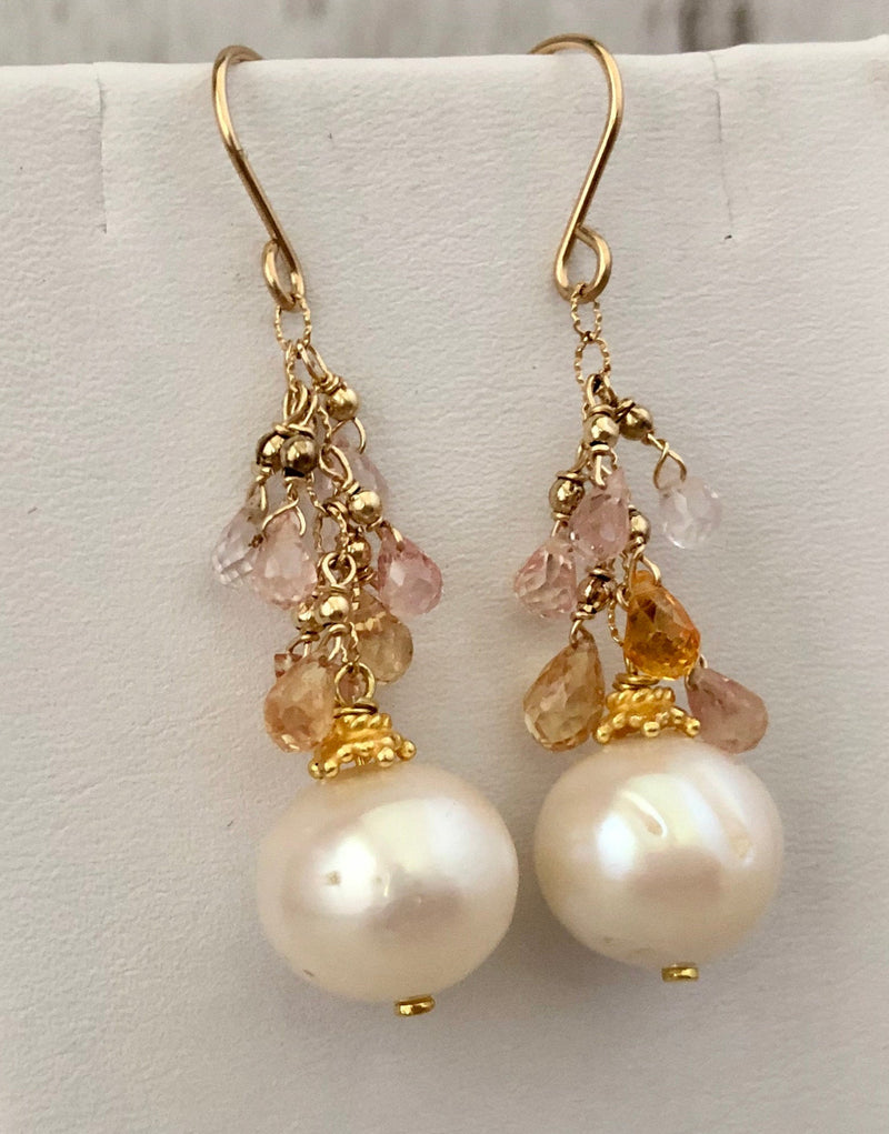 Freshwater Pearl and Sapphire Drop Earrings in 14K Gold Fill