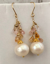 Load image into Gallery viewer, Freshwater Pearl and Sapphire Drop Earrings in 14K Gold Fill
