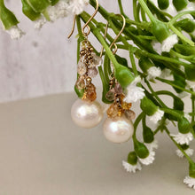 Load image into Gallery viewer, Freshwater Pearl and Sapphire Drop Earrings in 14K Gold Fill
