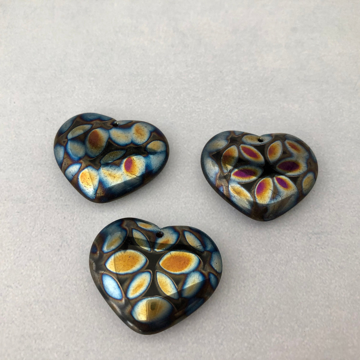 Large Black Rainbow Glass Heart Beads, Czech 30MM