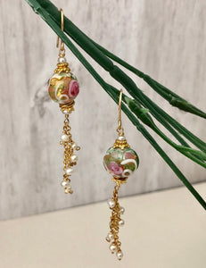 Murano White and Pink Wedding Cake Dangle Earrings In 14K Gold Fill