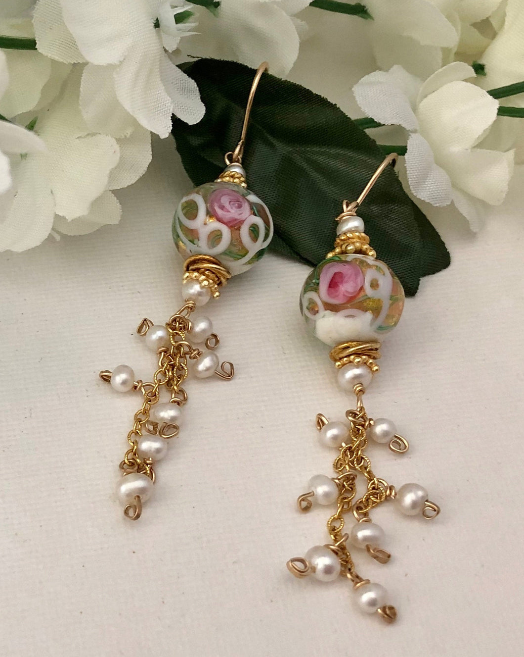 Murano White and Pink Wedding Cake Dangle Earrings In 14K Gold Fill