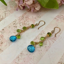 Load image into Gallery viewer, Swiss Blue Topaz and Peridot Earrings in 14K Gold Fill
