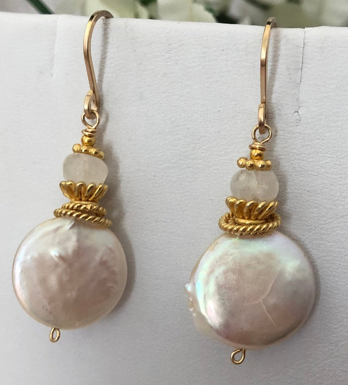 Large White Coin Pearl and Moonstone Earrings in 14K Gold Fill