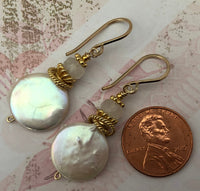 Large White Coin Pearl and Moonstone Earrings in 14K Gold Fill