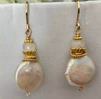 Large White Coin Pearl and Moonstone Earrings in 14K Gold Fill