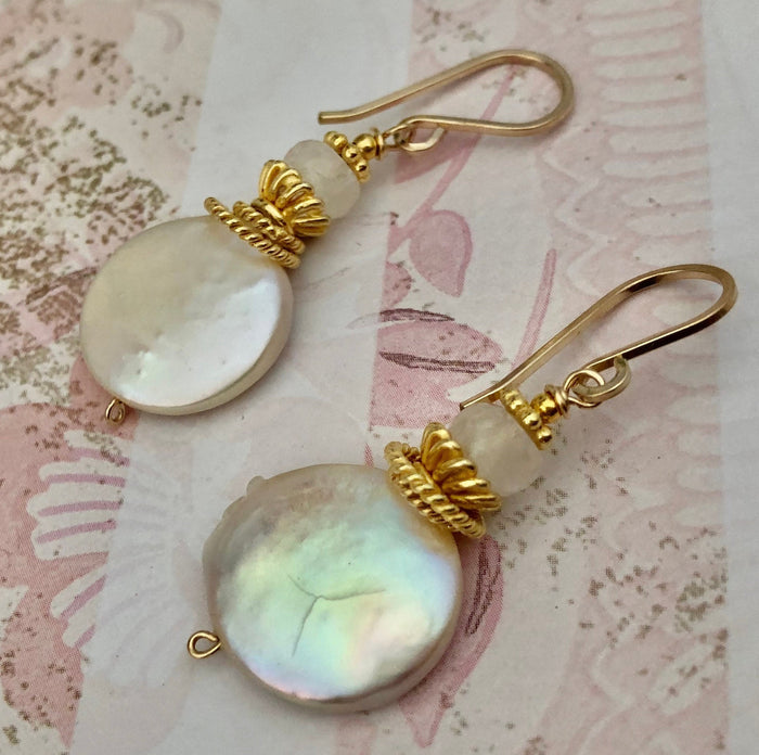 Large White Coin Pearl and Moonstone Earrings in 14K Gold Fill