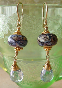 Blue Lampwork and Gemstone Earrings in 14K Gold Fill