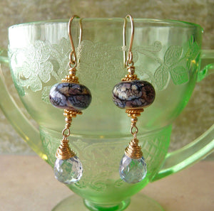 Blue Lampwork and Gemstone Earrings in 14K Gold Fill