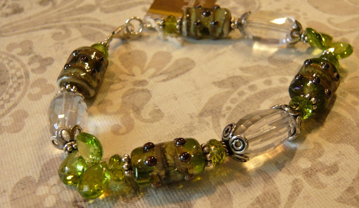 Lampwork Glass Bead Bracelet with Peridot and Crystal Quartz in Sterling Silver