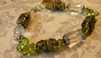 Lampwork Glass Bead Bracelet with Peridot and Crystal Quartz in Sterling Silver