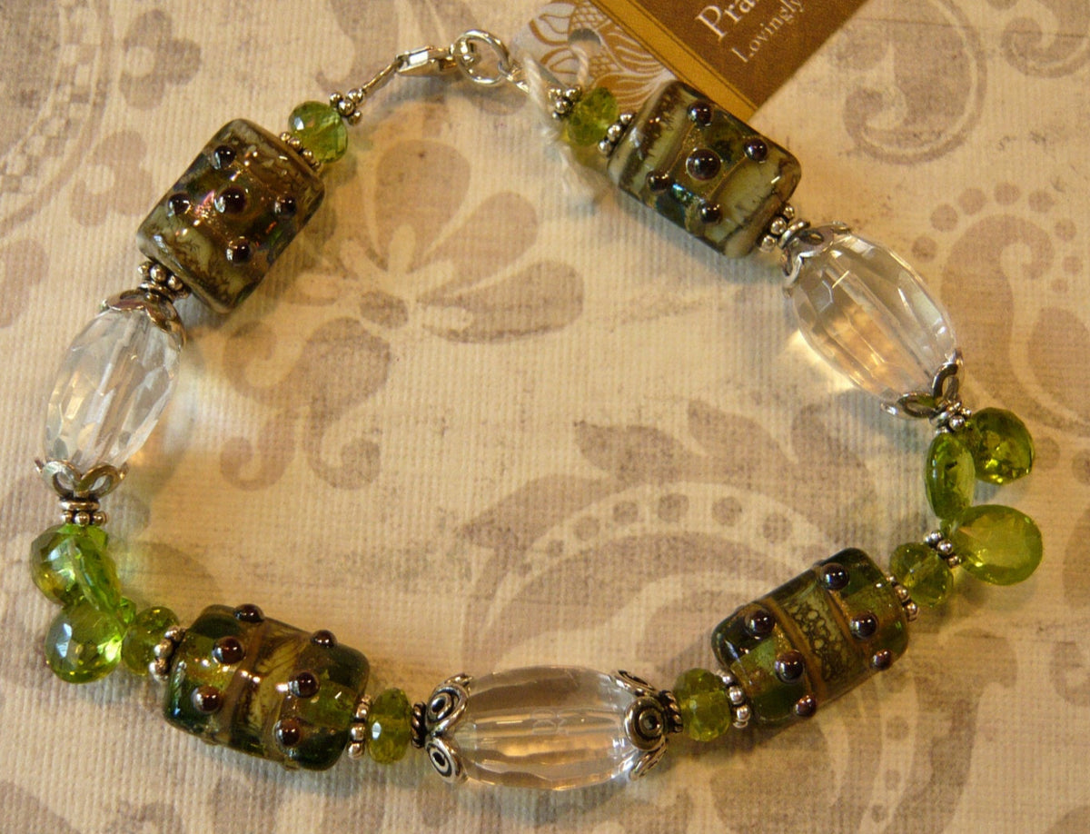 Lampwork Glass Bead Bracelet with Peridot and Crystal Quartz in Sterling Silver